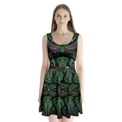 Fractal Green Black 3d Art Floral Pattern Split Back Mini Dress 