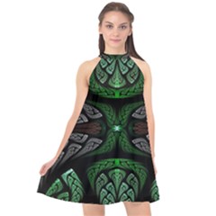 Fractal Green Black 3d Art Floral Pattern Halter Neckline Chiffon Dress 