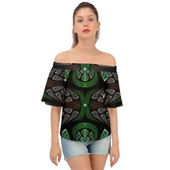 Fractal Green Black 3d Art Floral Pattern Off Shoulder Short Sleeve Top