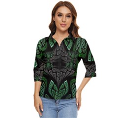 Fractal Green Black 3d Art Floral Pattern Women s Quarter Sleeve Pocket Shirt