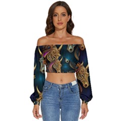 Pattern With Horses Long Sleeve Crinkled Weave Crop Top