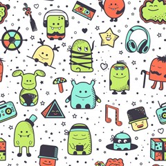 seamless pattern with funny monsters cartoon hand drawn characters colorful unusual creatures