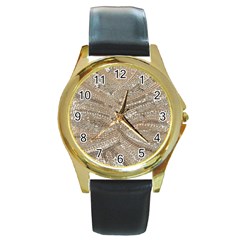 Tri-colored Bling Design Black Leather Gold Rim Watch (round)