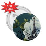 Blue roses vintage Paris Eiffel Tower floral fashion decor 2.25  Button (100 pack)