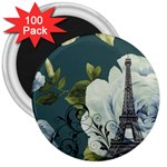 Blue roses vintage Paris Eiffel Tower floral fashion decor 3  Button Magnet (100 pack)