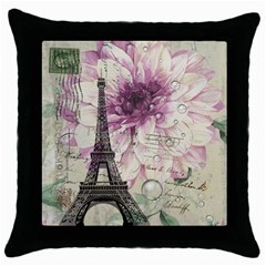 Purple Floral Vintage Paris Eiffel Tower Art Black Throw Pillow Case by chicelegantboutique