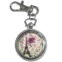 Purple Floral Vintage Paris Eiffel Tower Art Key Chain & Watch by chicelegantboutique