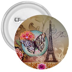 Fuschia Flowers Butterfly Eiffel Tower Vintage Paris Fashion 3  Button by chicelegantboutique