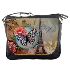 Fuschia Flowers Butterfly Eiffel Tower Vintage Paris Fashion Messenger Bag by chicelegantboutique