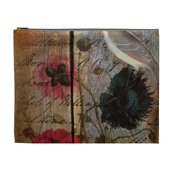 Vintage Bird Poppy Flower Botanical Art Cosmetic Bag (XL)