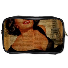 Vintage Newspaper Print Pin Up Girl Paris Eiffel Tower Travel Toiletry Bag (one Side) by chicelegantboutique