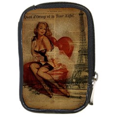 Vintage Newspaper Print Sexy Hot Gil Elvgren Pin Up Girl Paris Eiffel Tower Compact Camera Leather Case by chicelegantboutique