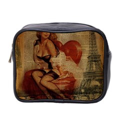 Vintage Newspaper Print Sexy Hot Gil Elvgren Pin Up Girl Paris Eiffel Tower Mini Travel Toiletry Bag (two Sides) by chicelegantboutique