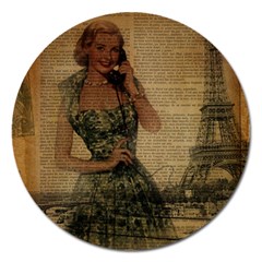 Retro Telephone Lady Vintage Newspaper Print Pin Up Girl Paris Eiffel Tower Magnet 5  (round) by chicelegantboutique