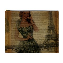 Retro Telephone Lady Vintage Newspaper Print Pin Up Girl Paris Eiffel Tower Cosmetic Bag (xl) by chicelegantboutique