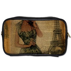 Retro Telephone Lady Vintage Newspaper Print Pin Up Girl Paris Eiffel Tower Travel Toiletry Bag (one Side) by chicelegantboutique
