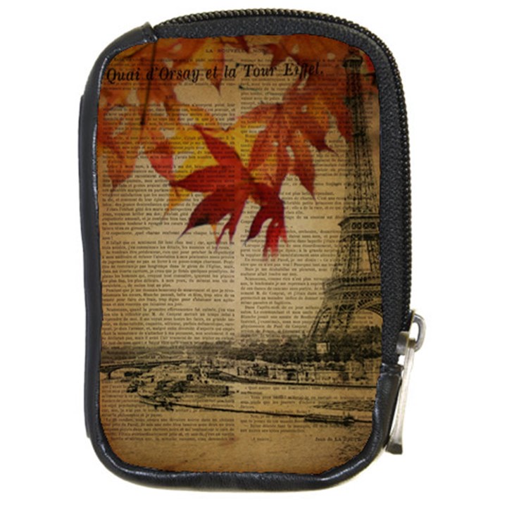 Elegant Fall Autumn Leaves Vintage Paris Eiffel Tower Landscape Compact Camera Leather Case