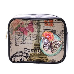 Floral Scripts Butterfly Eiffel Tower Vintage Paris Fashion Mini Travel Toiletry Bag (one Side) by chicelegantboutique