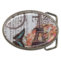 Vintage Clock Blue Butterfly Paris Eiffel Tower Fashion Belt Buckle (oval) by chicelegantboutique