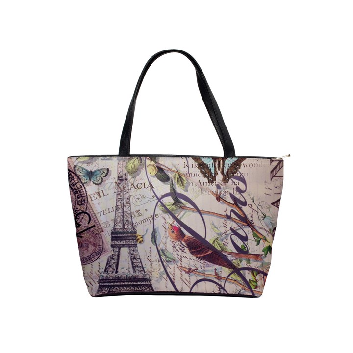 Paris Eiffel Tower Vintage Bird Butterfly French Botanical Art Large Shoulder Bag