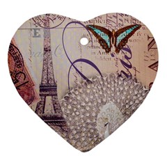 White Peacock Paris Eiffel Tower Vintage Bird Butterfly French Botanical Art Heart Ornament (two Sides) by chicelegantboutique