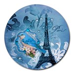 Girly Blue Bird Vintage Damask Floral Paris Eiffel Tower 8  Mouse Pad (Round)