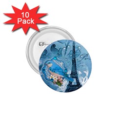 Girly Blue Bird Vintage Damask Floral Paris Eiffel Tower 1 75  Button (10 Pack) by chicelegantboutique