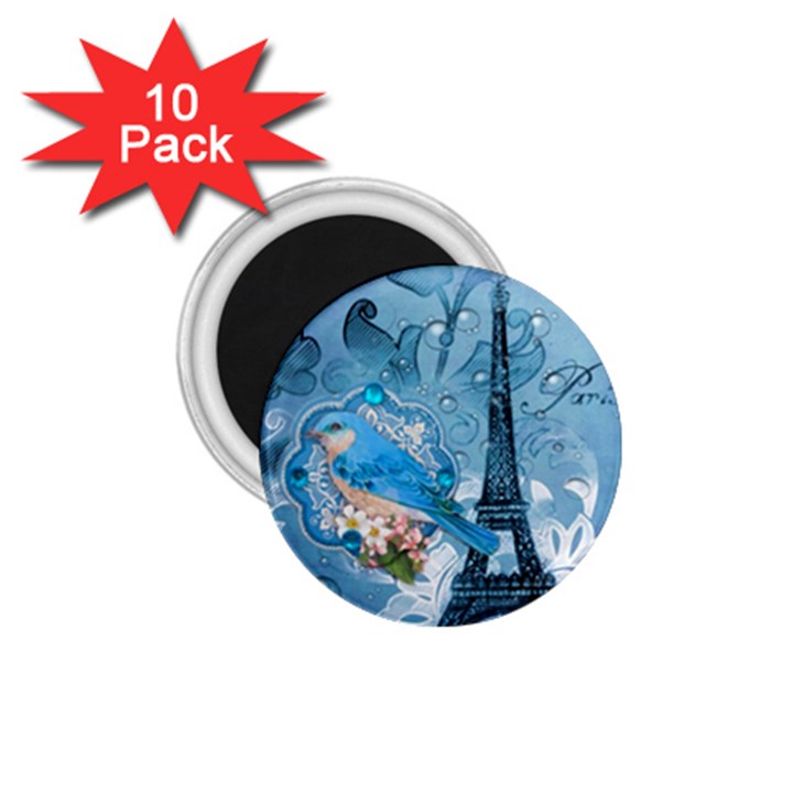 Girly Blue Bird Vintage Damask Floral Paris Eiffel Tower 1.75  Button Magnet (10 pack)
