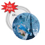 Girly Blue Bird Vintage Damask Floral Paris Eiffel Tower 2.25  Button (100 pack)