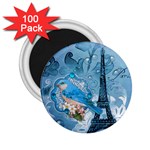 Girly Blue Bird Vintage Damask Floral Paris Eiffel Tower 2.25  Button Magnet (100 pack)