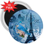 Girly Blue Bird Vintage Damask Floral Paris Eiffel Tower 3  Button Magnet (10 pack)