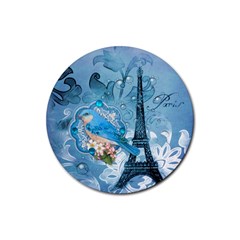 Girly Blue Bird Vintage Damask Floral Paris Eiffel Tower Drink Coaster (round) by chicelegantboutique