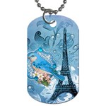 Girly Blue Bird Vintage Damask Floral Paris Eiffel Tower Dog Tag (Two-sided) 
