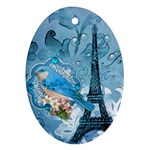 Girly Blue Bird Vintage Damask Floral Paris Eiffel Tower Oval Ornament (Two Sides)