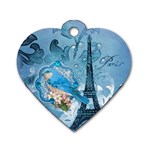 Girly Blue Bird Vintage Damask Floral Paris Eiffel Tower Dog Tag Heart (One Sided) 