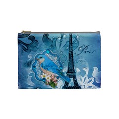 Girly Blue Bird Vintage Damask Floral Paris Eiffel Tower Cosmetic Bag (medium) by chicelegantboutique