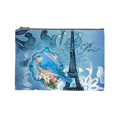 Girly Blue Bird Vintage Damask Floral Paris Eiffel Tower Cosmetic Bag (large) by chicelegantboutique