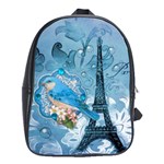 Girly Blue Bird Vintage Damask Floral Paris Eiffel Tower School Bag (Large)