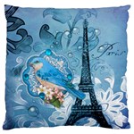 Girly Blue Bird Vintage Damask Floral Paris Eiffel Tower Large Cushion Case (Two Sided) 