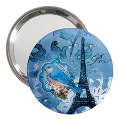 Girly Blue Bird Vintage Damask Floral Paris Eiffel Tower 3  Handbag Mirror by chicelegantboutique