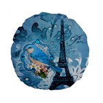 Girly Blue Bird Vintage Damask Floral Paris Eiffel Tower 15  Premium Round Cushion 