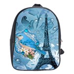 Girly Blue Bird Vintage Damask Floral Paris Eiffel Tower School Bag (XL)