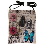 Floral Scripts Blue Butterfly Eiffel Tower Vintage Paris Fashion Shoulder Sling Bag
