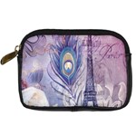 Peacock Feather White Rose Paris Eiffel Tower Digital Camera Leather Case Front