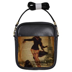 Paris Lady And French Poodle Vintage Newspaper Print Sexy Hot Gil Elvgren Pin Up Girl Paris Eiffel T Girl s Sling Bag by chicelegantboutique