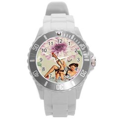Gil Elvgren Pin Up Girl Purple Flower Fashion Art Plastic Sport Watch (large) by chicelegantboutique