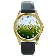 Grass Round Metal Watch (gold Rim)  by Siebenhuehner