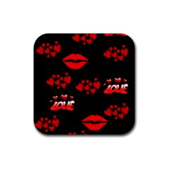 Red Hearts And Lips Rubber Square Coaster (4 Pack) by Colorfulart23