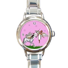 Unicorn And Fairy In A Grass Field And Sparkles Round Italian Charm Watch by goldenjackal