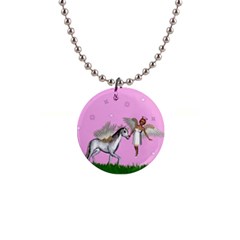 Unicorn And Fairy In A Grass Field And Sparkles Button Necklace by goldenjackal